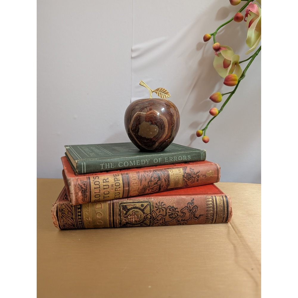 Vintage Onyx Marble Apple Figurine Brass Leaf Stone Decor Paperweight